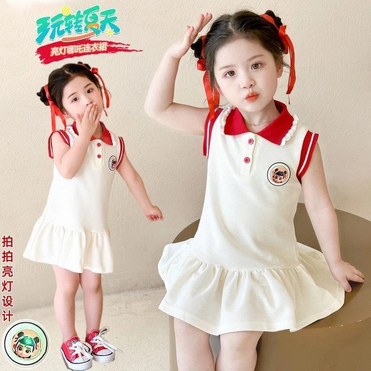夏季新款polo衫会亮灯连衣裙女宝宝卡通哪吒可爱无袖裙子