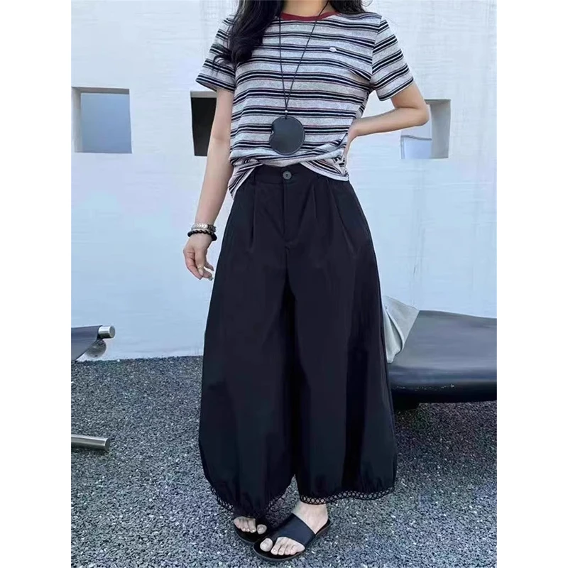 欧货气质镂空花边高腰显瘦灯笼九分裤女夏季新款宽松休闲阔腿裤子