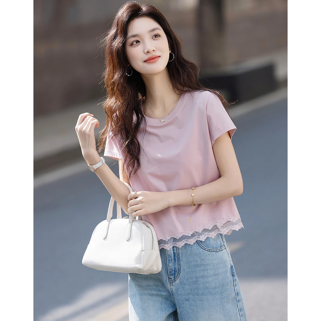 SS825柔雾欧若风2025夏季棉氨圆领打底衫蕾丝小个子女式t恤