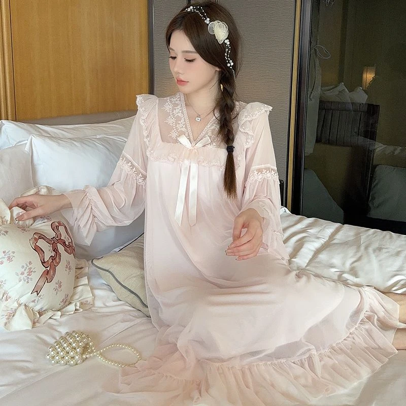 【小美慧】春秋V领蝴蝶结系带双层网纱薄款过膝中长款睡裙睡花边女