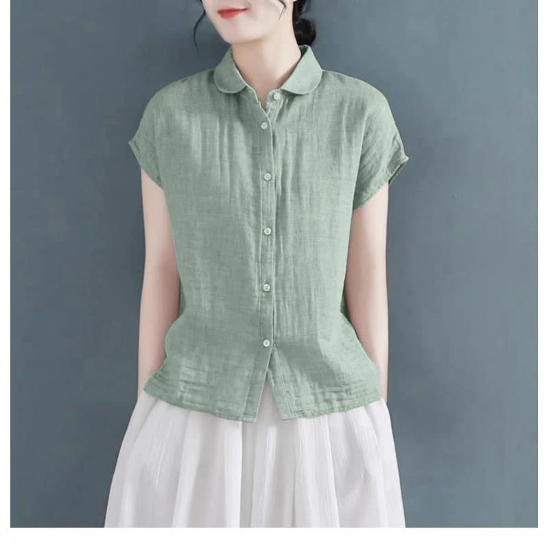 ［ 现货+运费险］复古刺绣棉麻衬衫气质复古大码韩版洋气T恤349