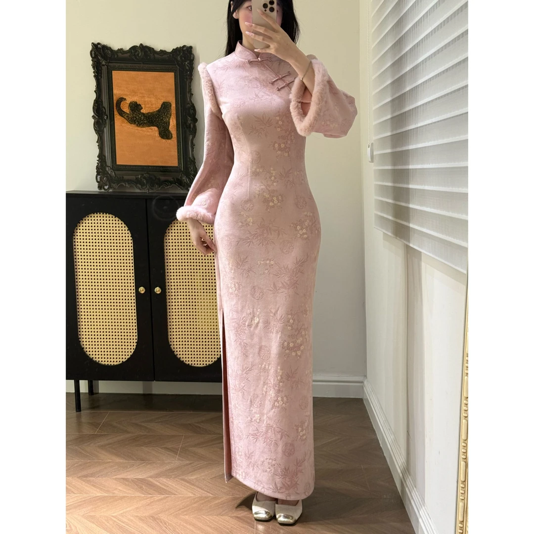 肆意【梅竹暖烟】原创自制高级印花碎花旗袍倒大袖麂皮绒鹿皮绒旗袍