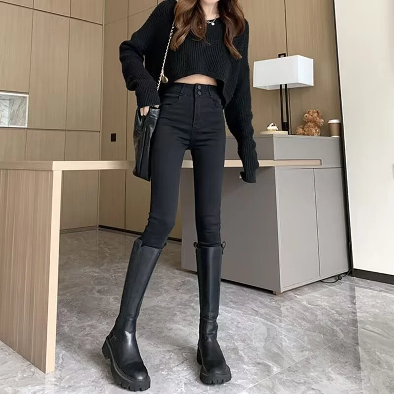 1高腰加绒小脚牛仔长裤