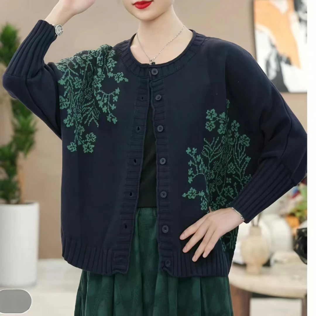 秋季新款洋气减龄圆领针织棉线开衫女织花长袖外套气质