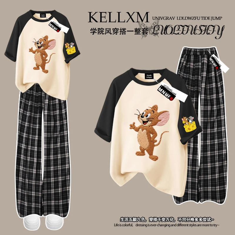 猫和老鼠印花夏季男女童插肩短袖格子裤套装潮牌百搭中大童两件套