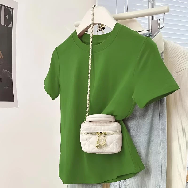 绿色正肩圆领短袖T恤女夏内搭打底衫修身简约百搭体恤上衣