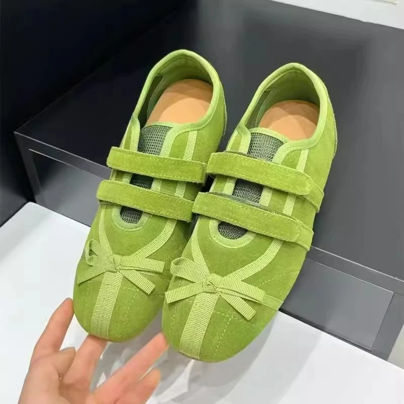 啄木鸟绿色蝴蝶结运动风玛丽珍单鞋法式圆头平底鞋女百搭休闲鞋