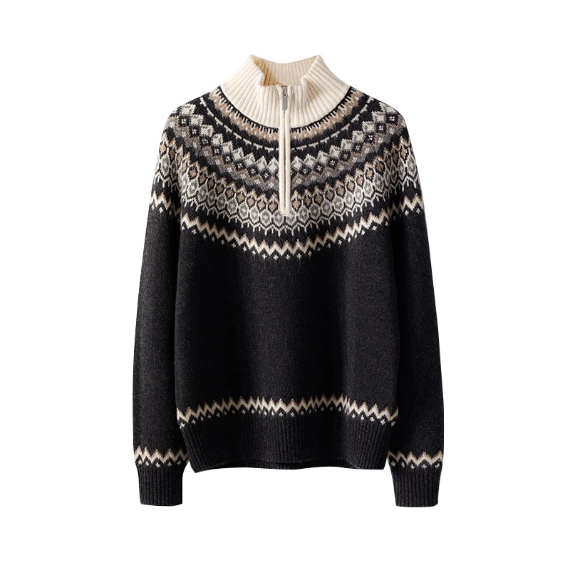 【康赛妮】禾家同款费尔岛100%山羊绒提花半开拉链高领毛衣