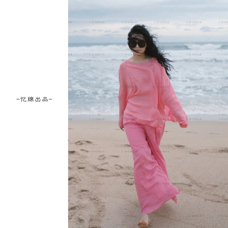 忆绵出品上新018-1纯色圆领百搭显瘦简约苎麻上衣