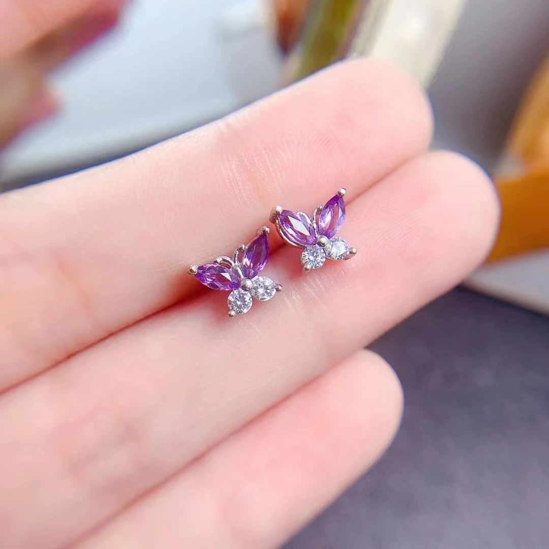 天然紫水晶精致小蝴蝶款925银镶嵌耳钉法式设计感彩宝耳饰