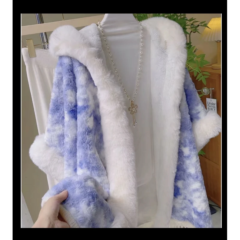 xa114 甩帽仿貂绒加厚韩系毛衣开衫外套