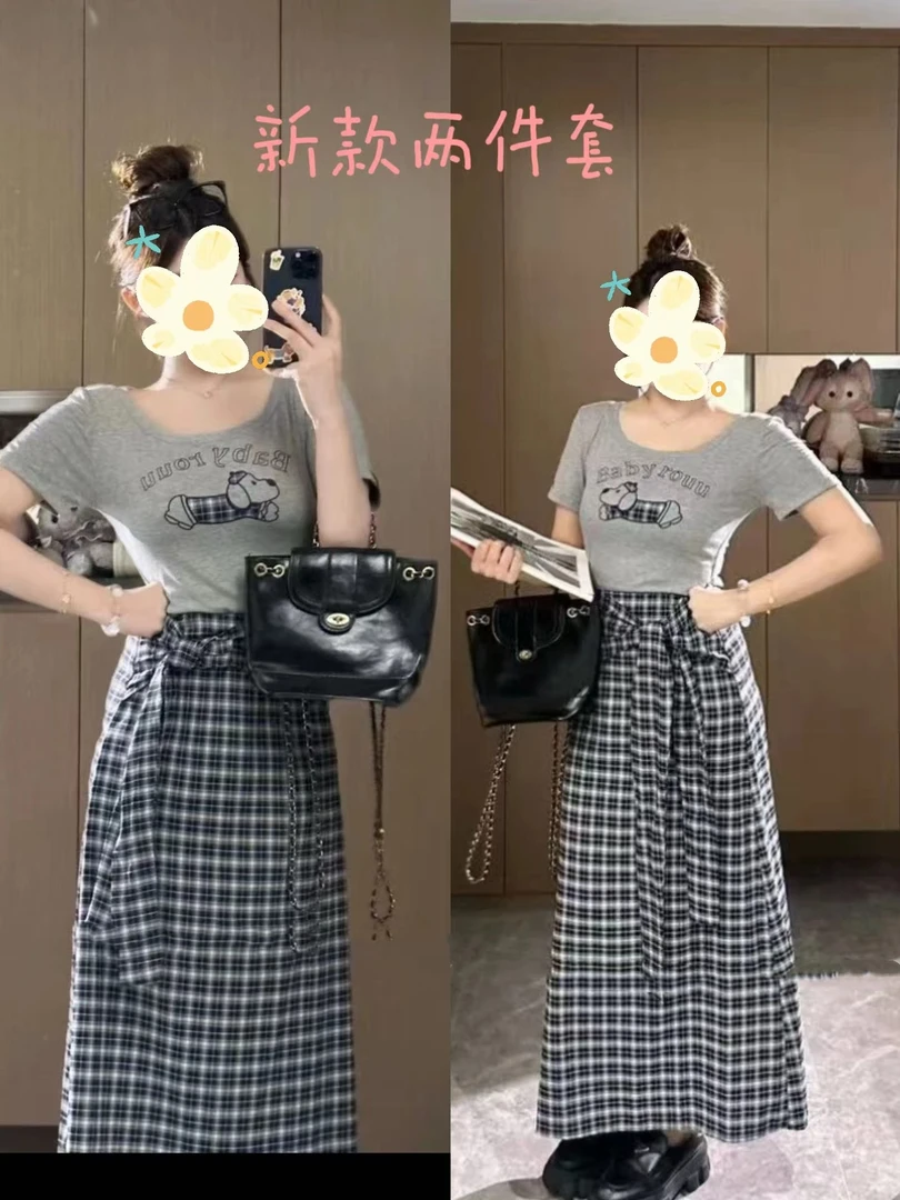 温与柔套装女减龄卡通小狗T恤高腰格子半身裙两件套装