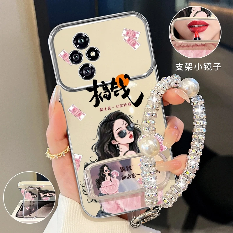 适用荣耀200/pro搞钱小富婆手机壳补妆镜折叠支架防摔网红女款