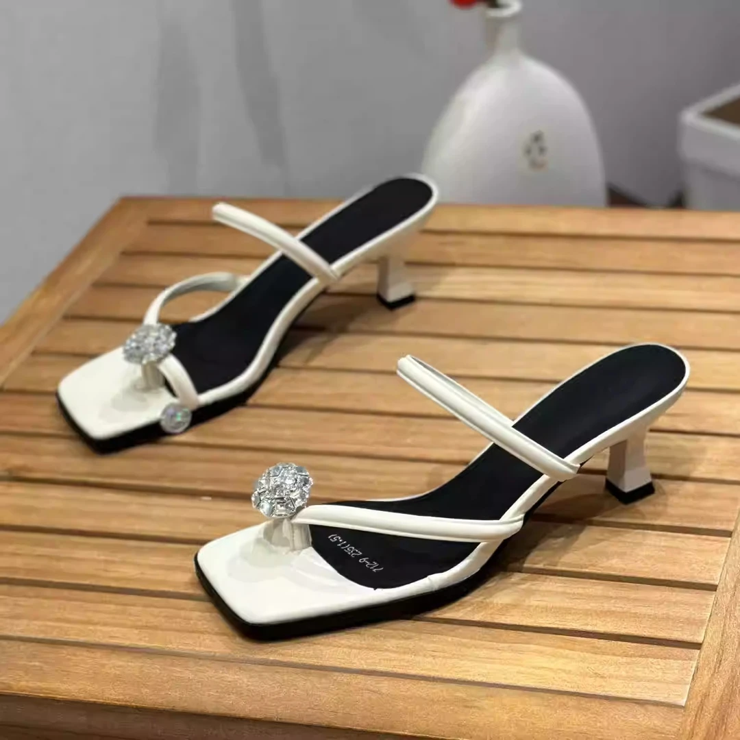 网红水钻鸽子蛋套趾拖鞋女夏外穿新款6cm高跟细跟仙女风法式凉拖