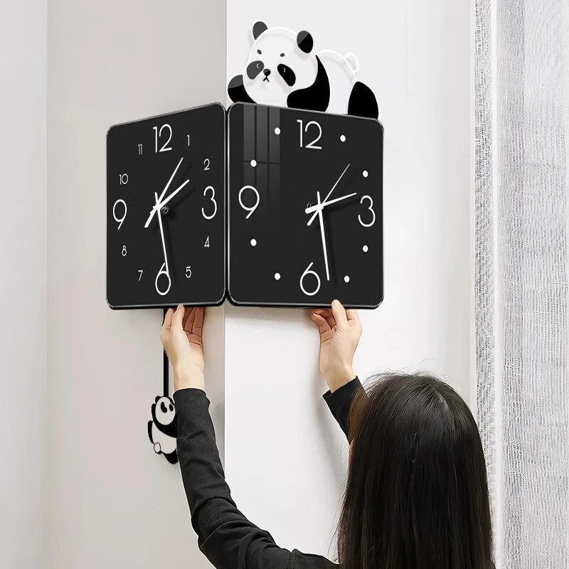 熊猫双面转角挂钟客厅装饰新款免打孔拐角时钟万年历电子钟表挂墙