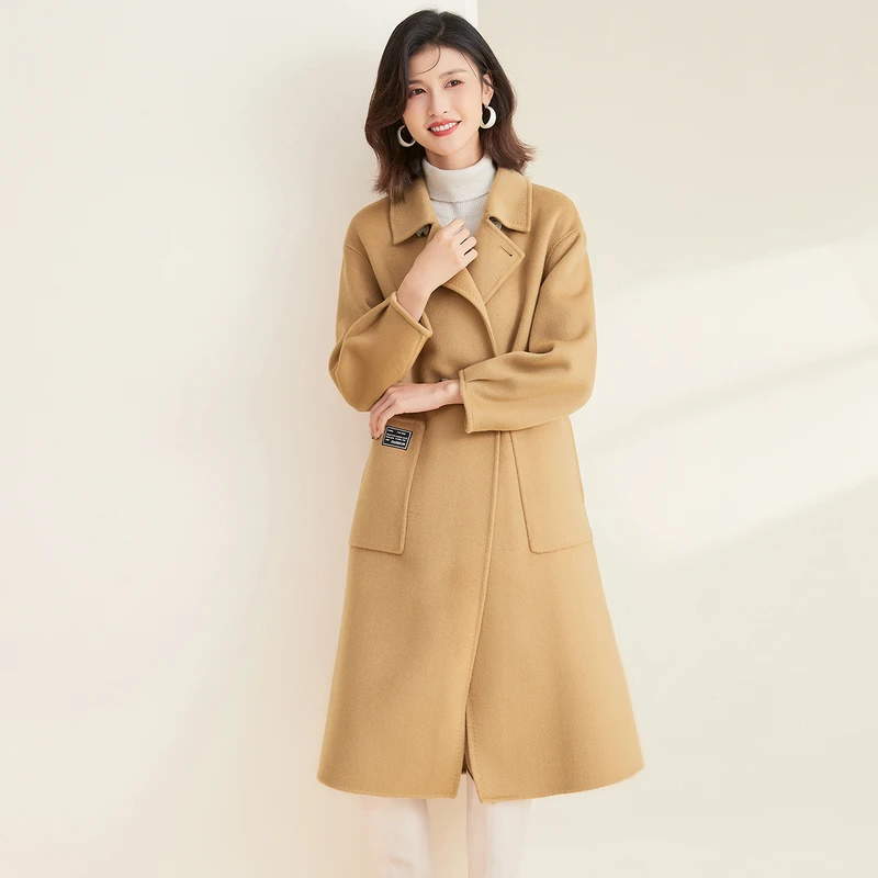 金菊【绵羊毛100%双排扣外套】秋冬新款翻领纯色双面呢保暖女式大衣