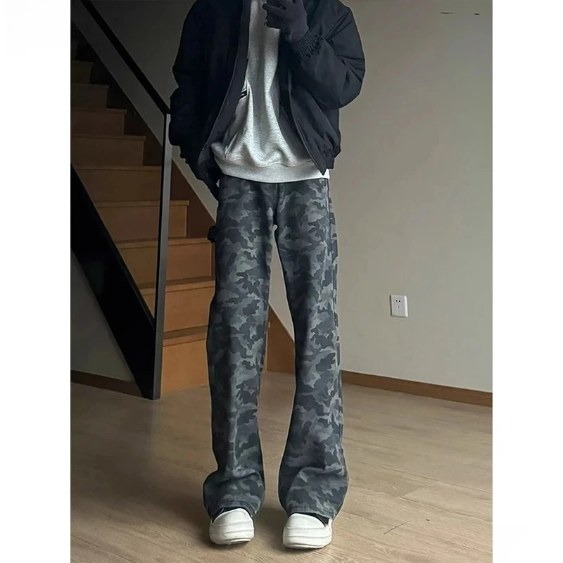 美式迷彩工装裤男款秋冬裤子复古高街潮牌小众直筒牛仔裤