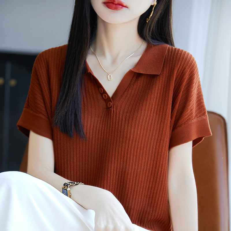 羊范夏季薄款POLO领纯色针织短袖女简约百搭显瘦100天丝莱赛尔T恤