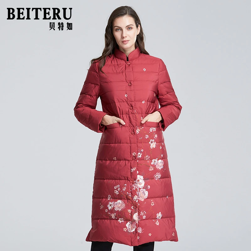 贝特如专柜正品羽绒服女新款中国风妈妈冬装过膝中长款保暖外套YJ
