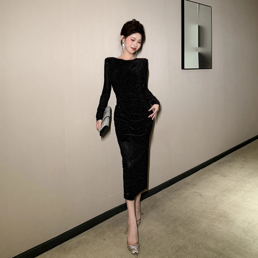 【惠子原创】时尚气质高定优雅轻奢烫钻优雅修身包臀连衣裙31017
