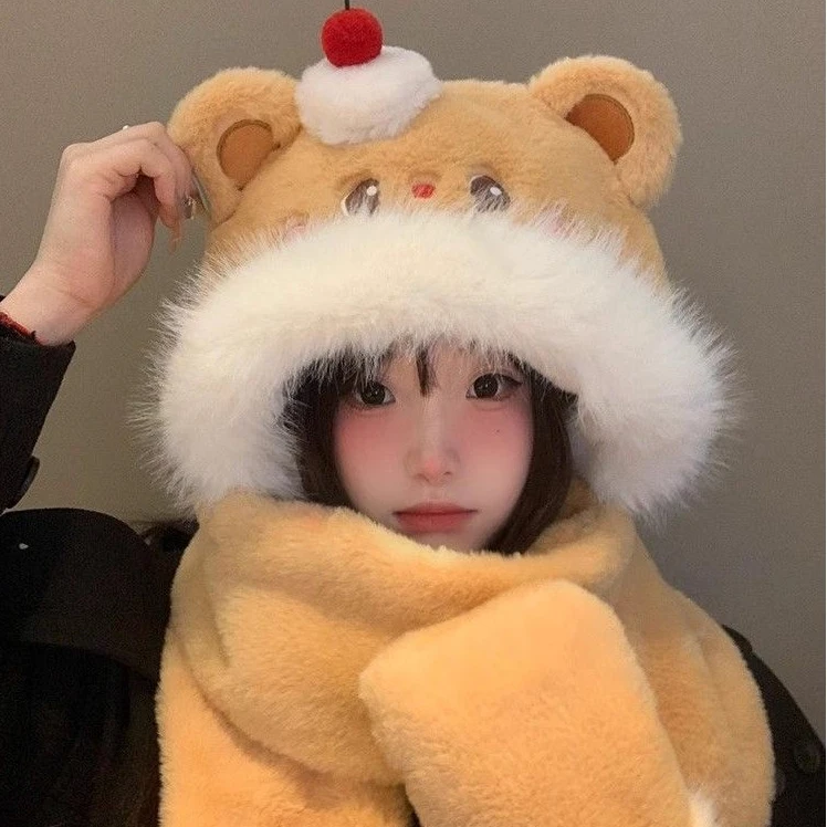 可爱小熊帽子围脖一体女冬季保暖毛绒帽显脸小新款防寒护耳帽L