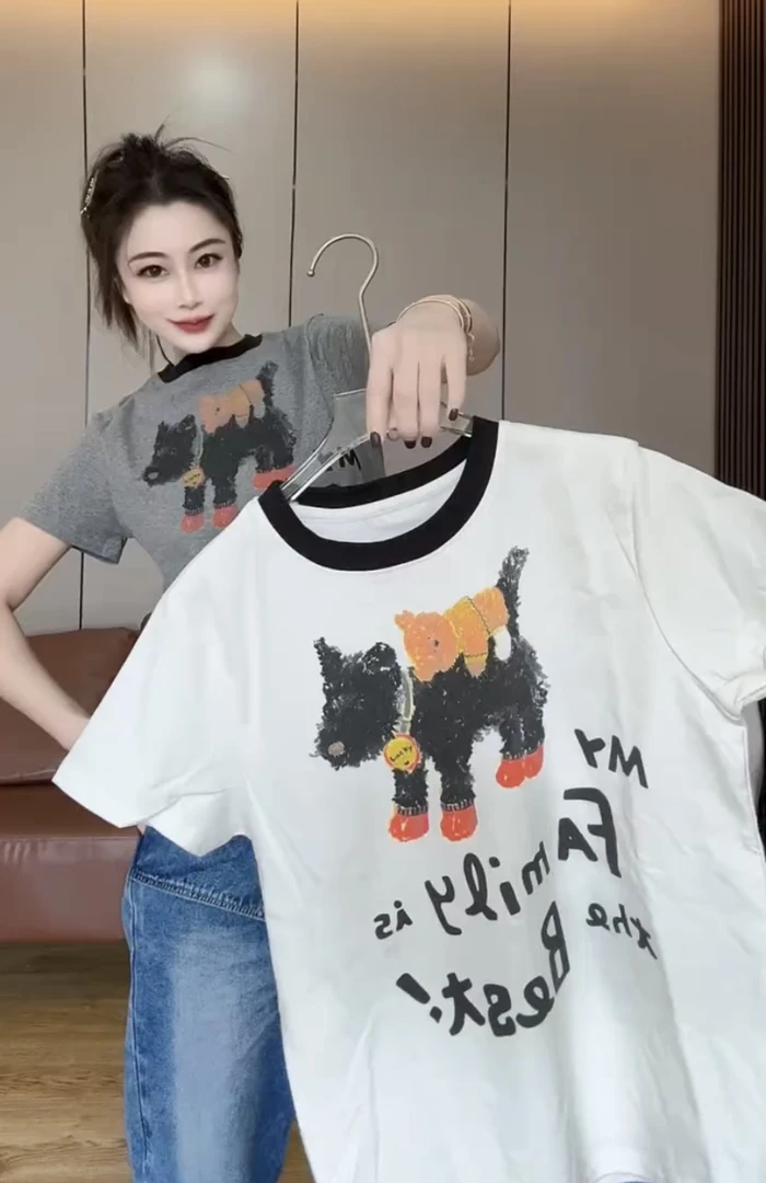 欧货卡通小狗印花棉短袖T恤女2025夏季新款撞色拼接圆领上衣