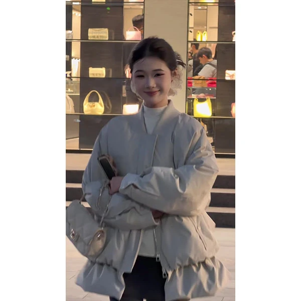 小众设计感花苞下摆棉服女冬季2025新款韩系宽松休闲中长款外套