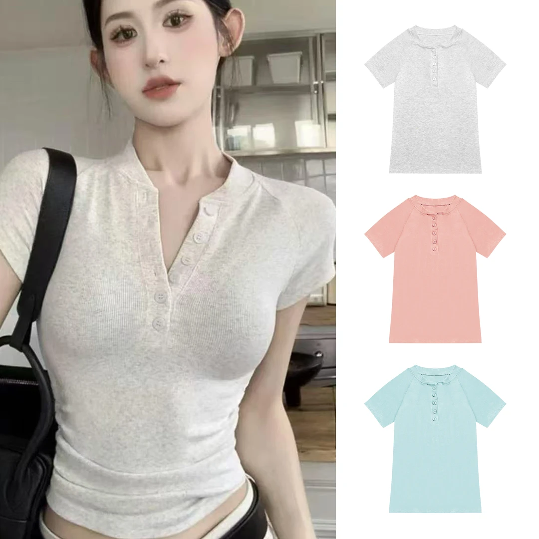 运补（6-8￥）2025夏季韩版设计款V领纽扣修身简约纯色正肩短袖T恤女