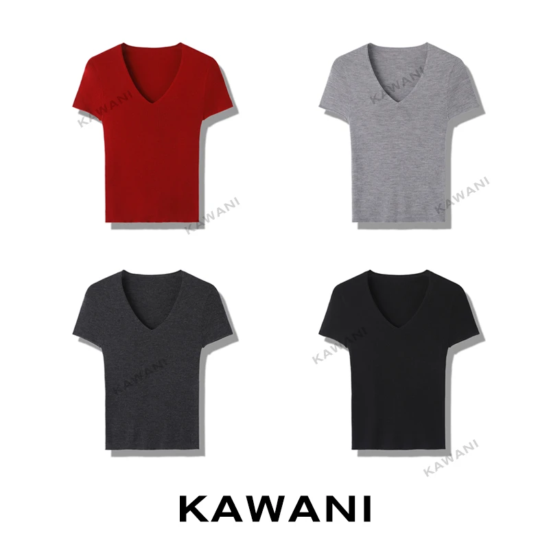 【KAWANI】120S德国Biella100羊毛岛精扬子纱短袖V领夏季打底衫女装
