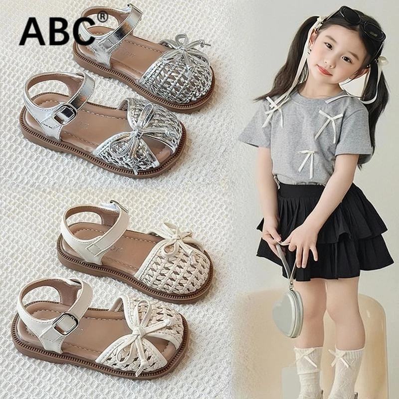 ABC女童凉鞋2025夏季新款蝴蝶结编织镂空凉鞋女孩软底洋气公主鞋