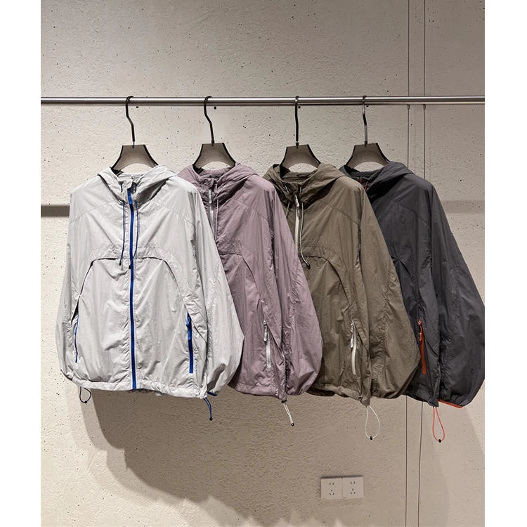 夏季日系复古老钱户外山系落日橙拨款防晒服拼色机能风防晒衫外套