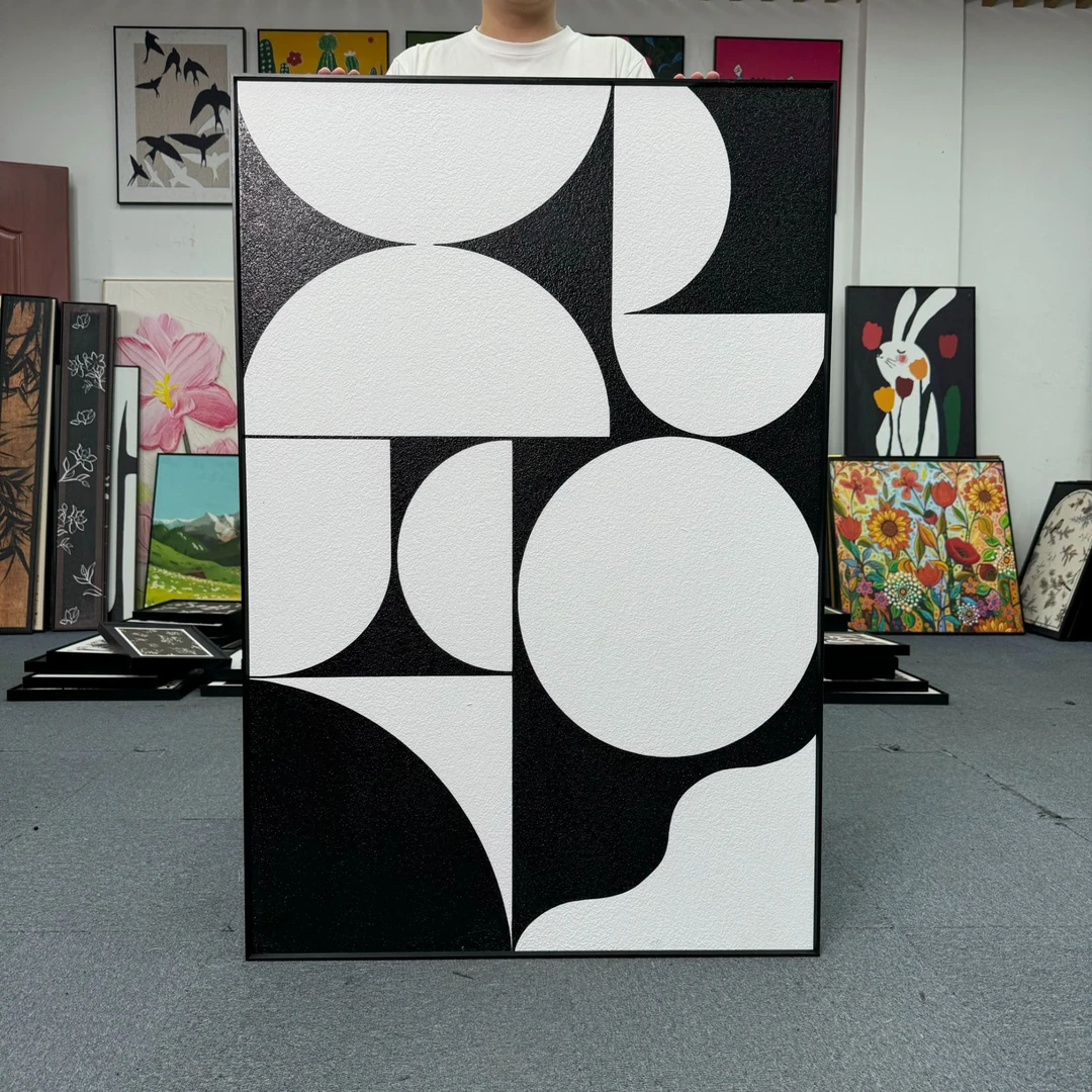 高端手工砂岩装饰画客厅沙发背景墙走廊玄关黑白半圆简约风80120