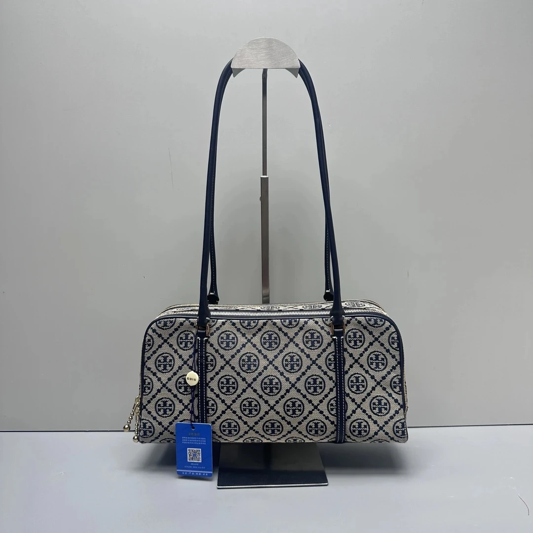 95新 TORY BURCH/汤丽柏琦 蓝色织物老花保龄球单肩包 29*14*9cm