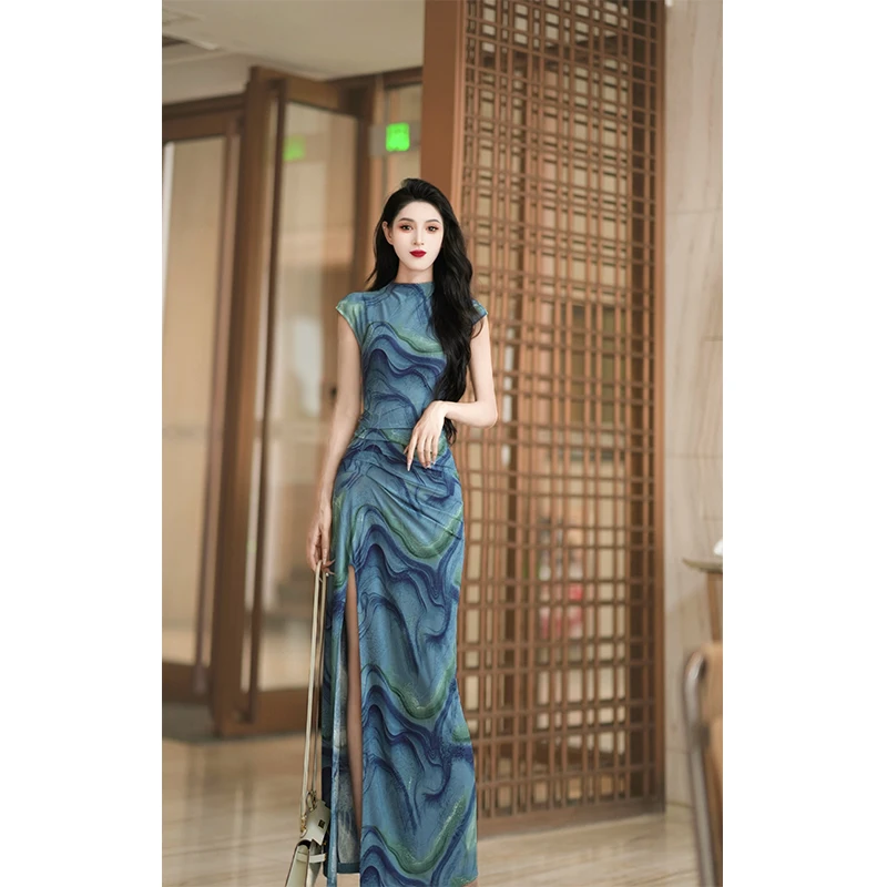 尤克菲儿 原创设计针织提花温柔气质优雅高腰开叉连衣裙