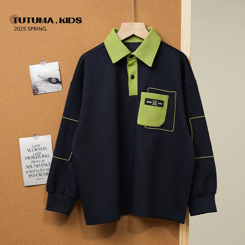 【现货春季新品】男女童潮酷复古撞色POLO衫卫衣2025韩版设计感上衣
