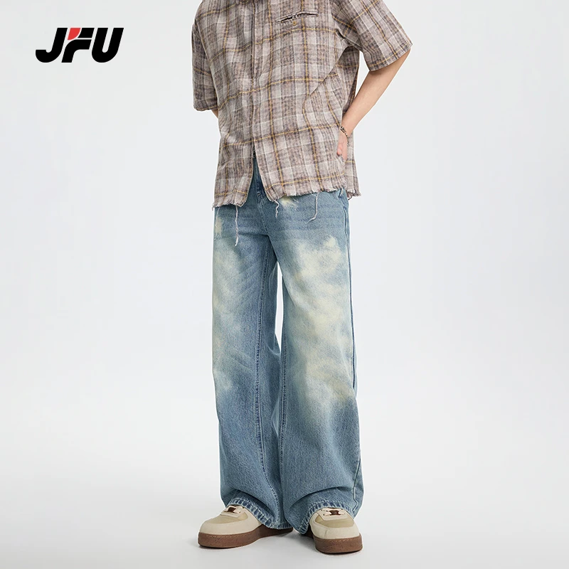 JFU2025爆款美式复古水洗直筒牛仔裤蓝色百搭休闲高街阔腿长裤男