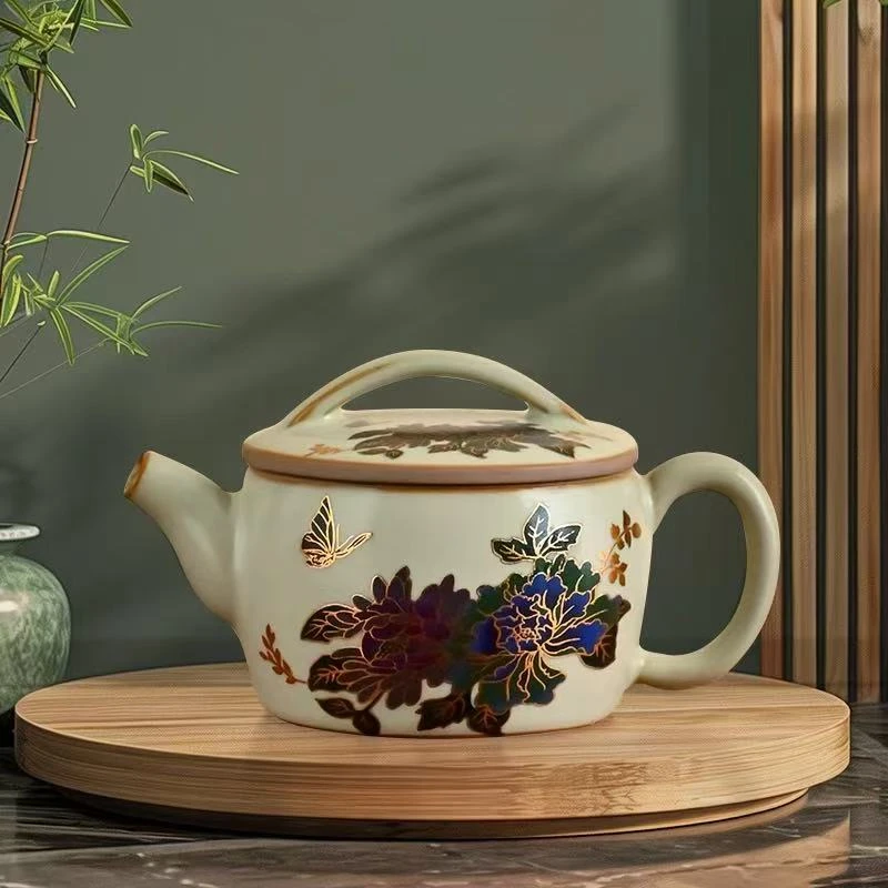 粉彩蝶恋牡丹变色汉瓦壶+4杯-2424