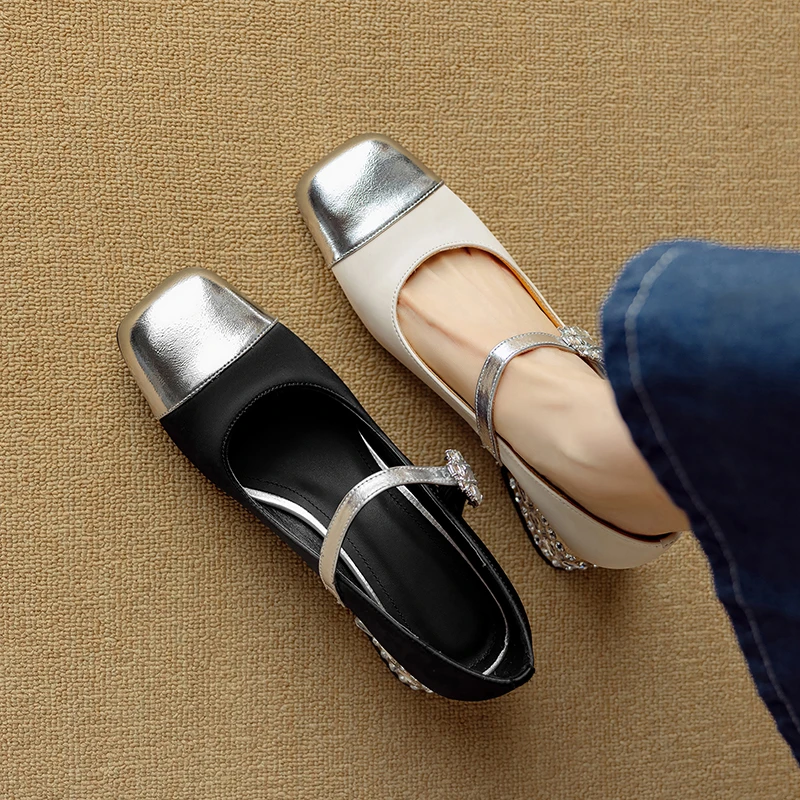 牛皮4公分/法式优雅水钻玛丽珍单鞋中跟真皮百搭浅口复古女鞋