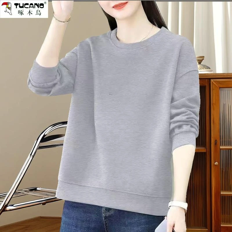 啄木鸟圆领卫衣女秋冬新款宽松大码修身显瘦韩版长袖开叉休闲上衣