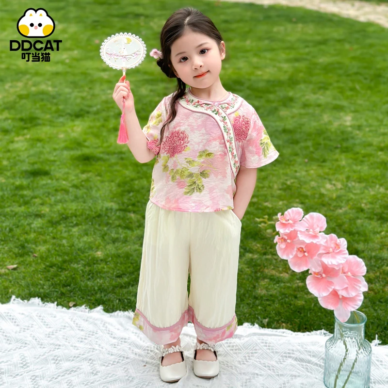 叮当猫女童夏季套装新中式女宝宝洋气薄款中小童公主风儿童两件套