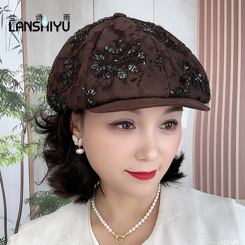 兰诗雨秋冬新款蕾丝前进帽立体刺绣时尚显脸小遮白发贝雷帽百搭帽