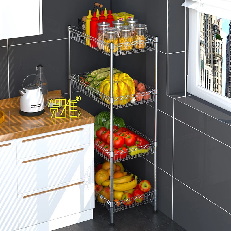 贺雅厨房不锈钢色菜篮子置物架多层可移动放水果蔬菜收纳架杂物架