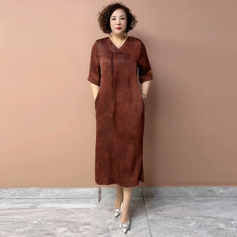 夏季爆款桑蚕丝妈妈新中式国风旗袍连衣裙中老年时尚显瘦裙