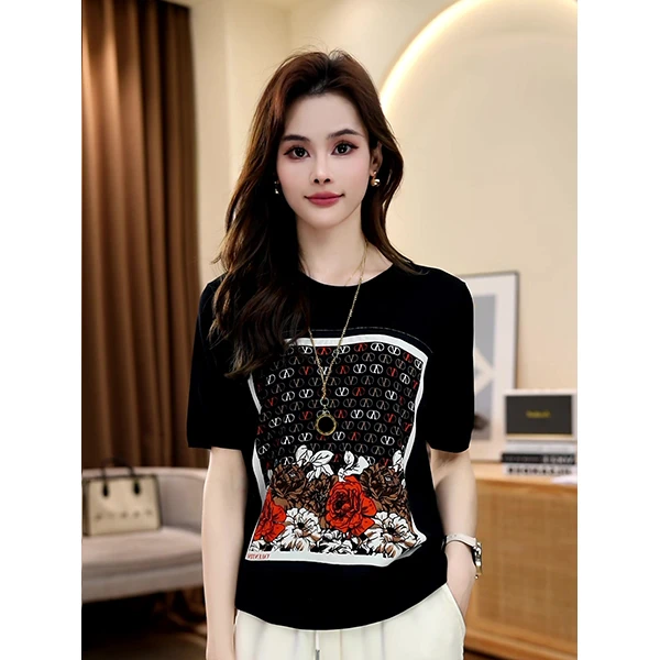 夏季新款简约小众洋气宽松百搭显瘦气质休闲短袖冰丝透气针织衫女