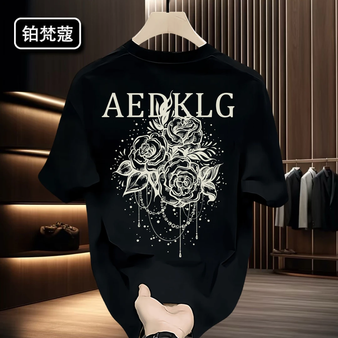 铂梵蔻印花短袖男士T恤夏季上衣痞帅纯棉潮百搭潮流美式休闲圆领