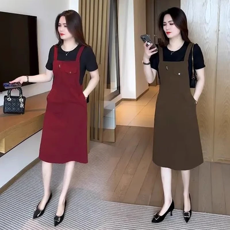 2025夏季新款穿搭显瘦拼接假两件休闲连衣裙女洋气显瘦减龄背带裙