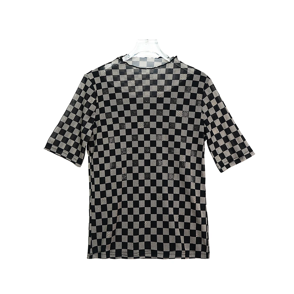 X2751【上新】高级感欧货黑色棋盘格亮片显瘦T恤