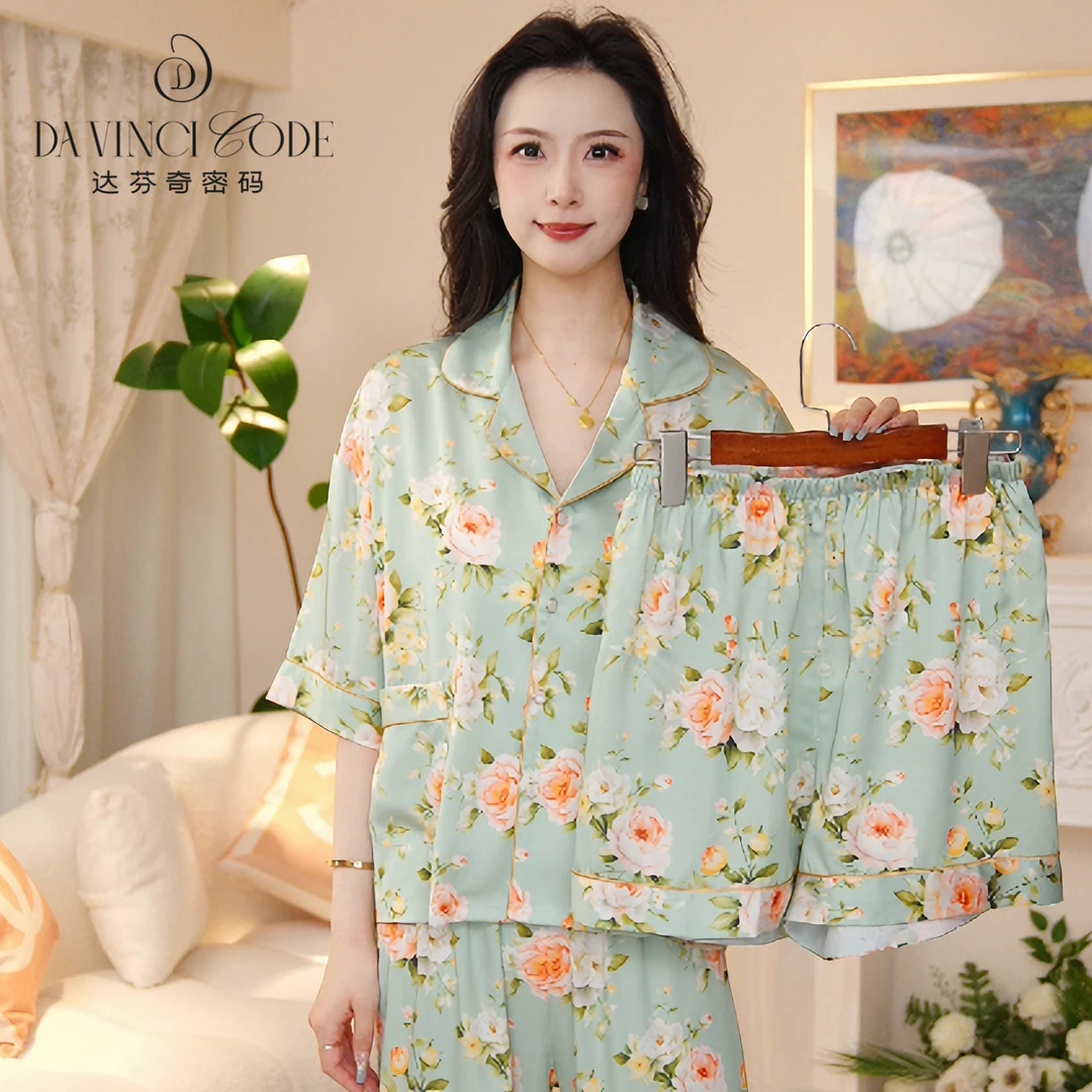 达芬奇密码翠玉花梦三件套2025新款欧若风睡衣宽松女士家居服套装
