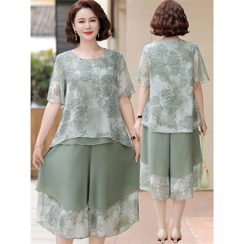 2025新款妈妈夏装雪纺衫短袖上衣服两件套中老年女装阔腿裤裙套装