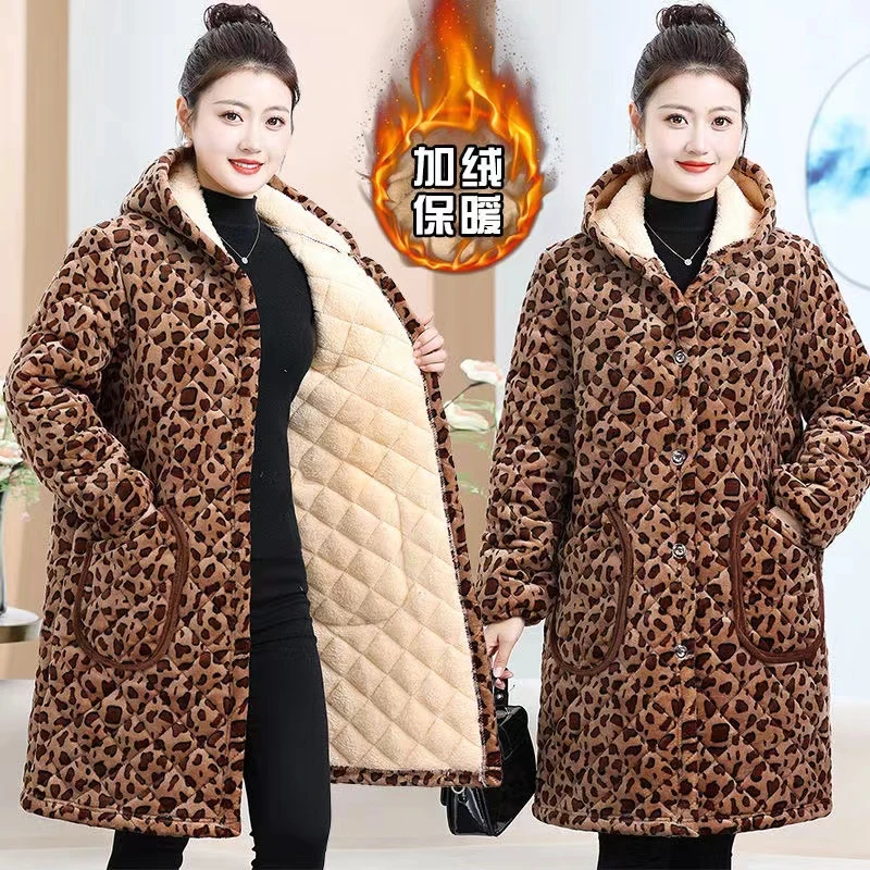 豹纹棉衣女新款加绒加厚棉袄妈妈装中长款家居服外套棉服罩衣保暖